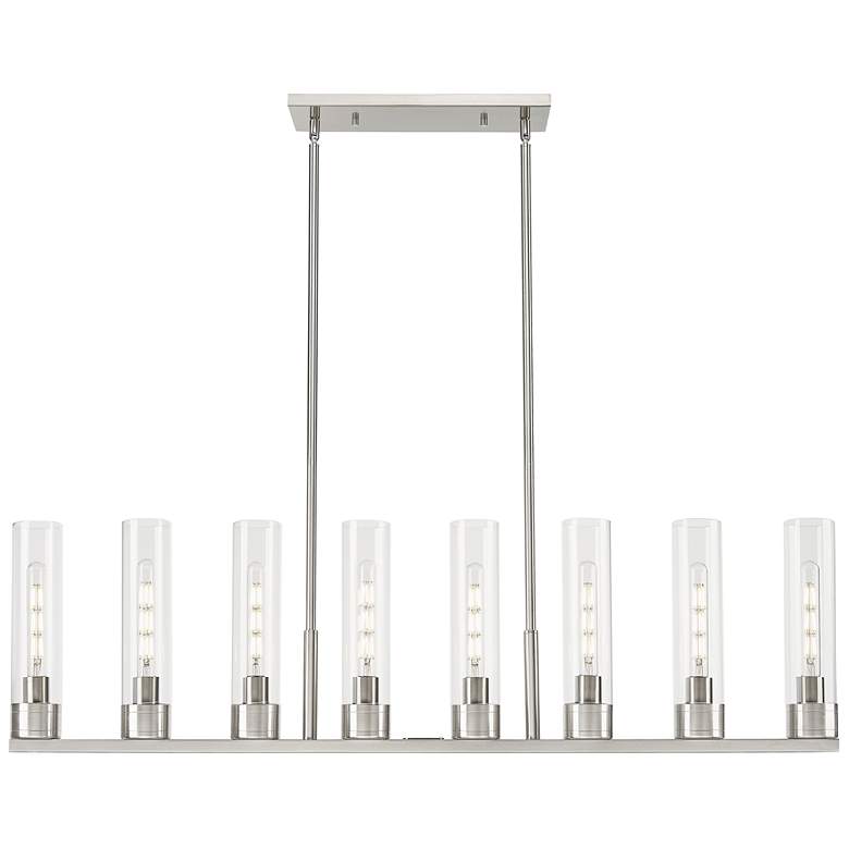 Image 1 Boreas 48"W 6 Light Satin Nickel Stem Island Light w/ 11" Clear Shade