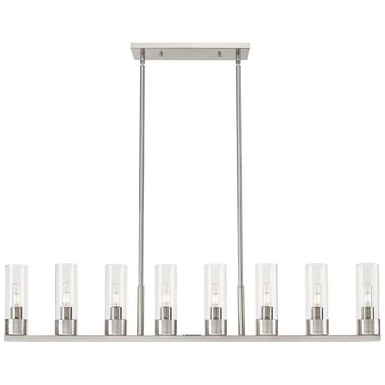 Image 1 Boreas 48"W 6 Light Satin Nickel Stem Island Light With 8" Clear Shade