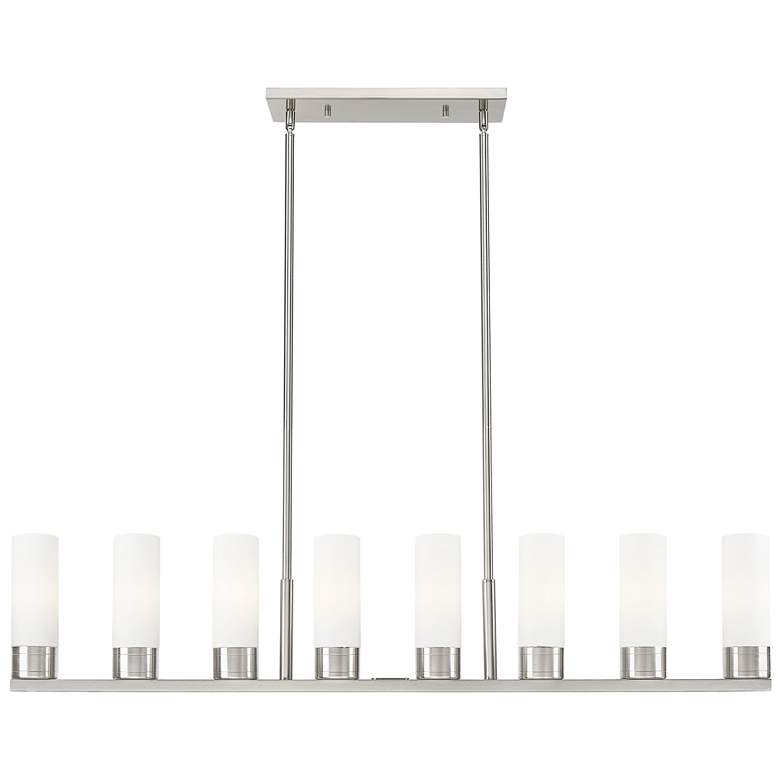 Image 1 Boreas 48"W 6 Light Satin Nickel Stem Island Light With 8" White Shade