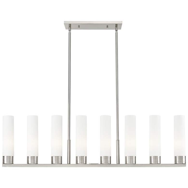 Image 1 Boreas 48"W 6 Light Satin Stem Island Light w/ 11" Striped White Shade