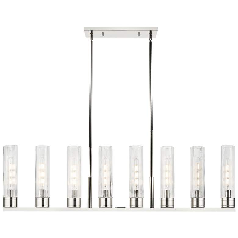 Image 1 Boreas 48"W 6-Lt Nickel Stem Island-Lt w/ 11" Striped Clear Shade
