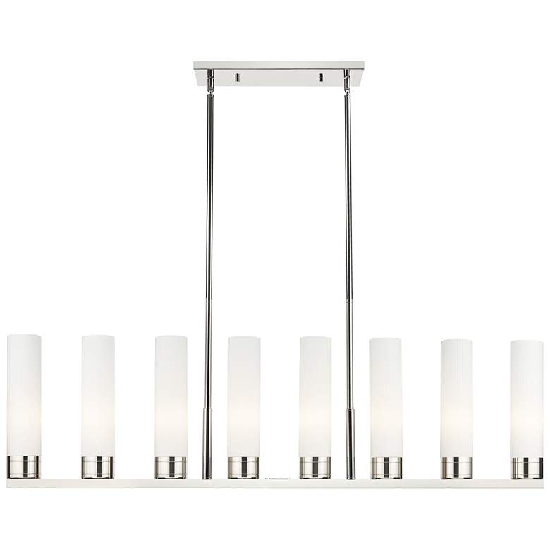 Image 1 Boreas 48"W 6-Lt Nickel Stem Island-Lt w/ 11" Striped White Shade