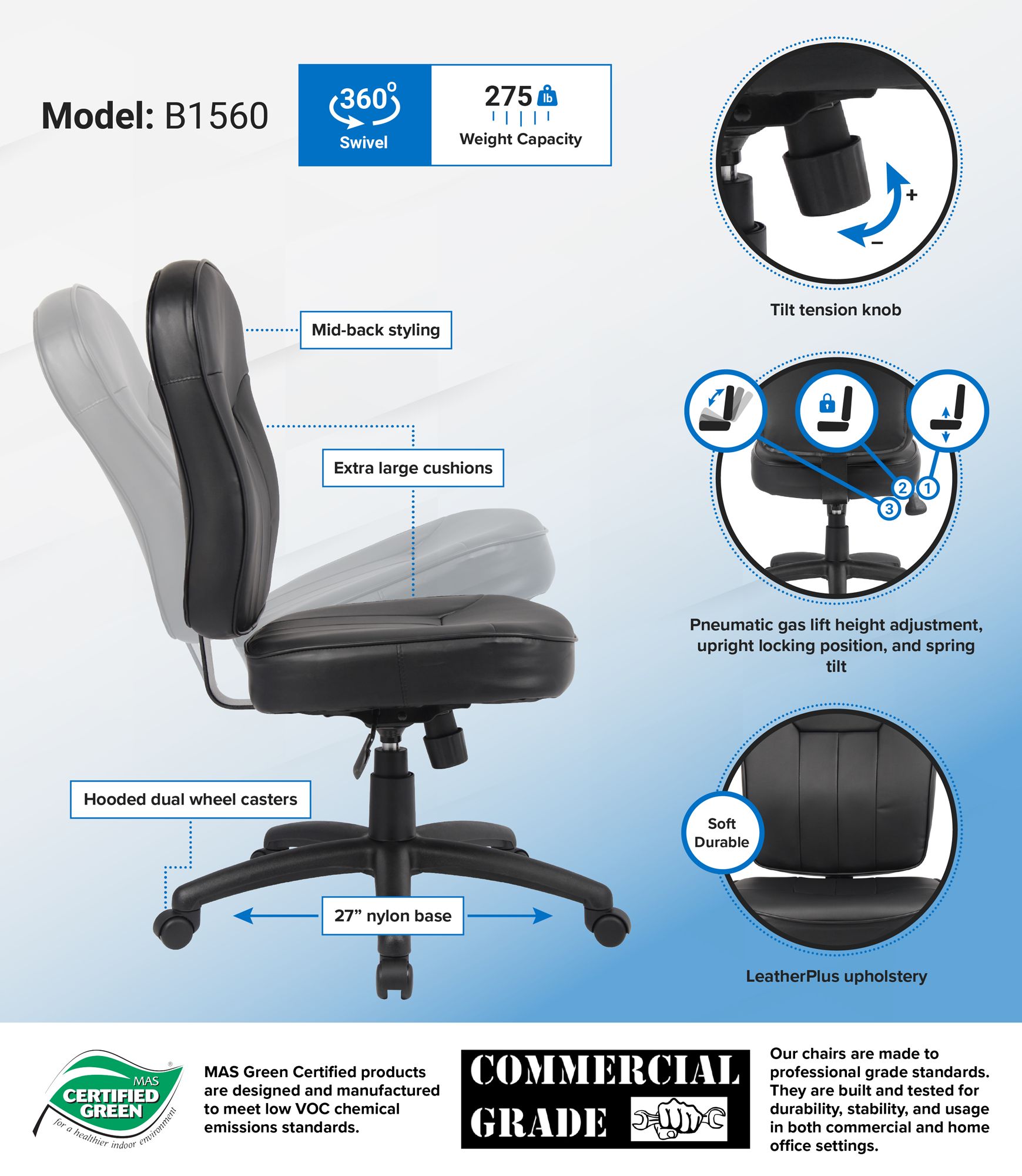 Boss Black Leather Adjustable Office Chair with Casters