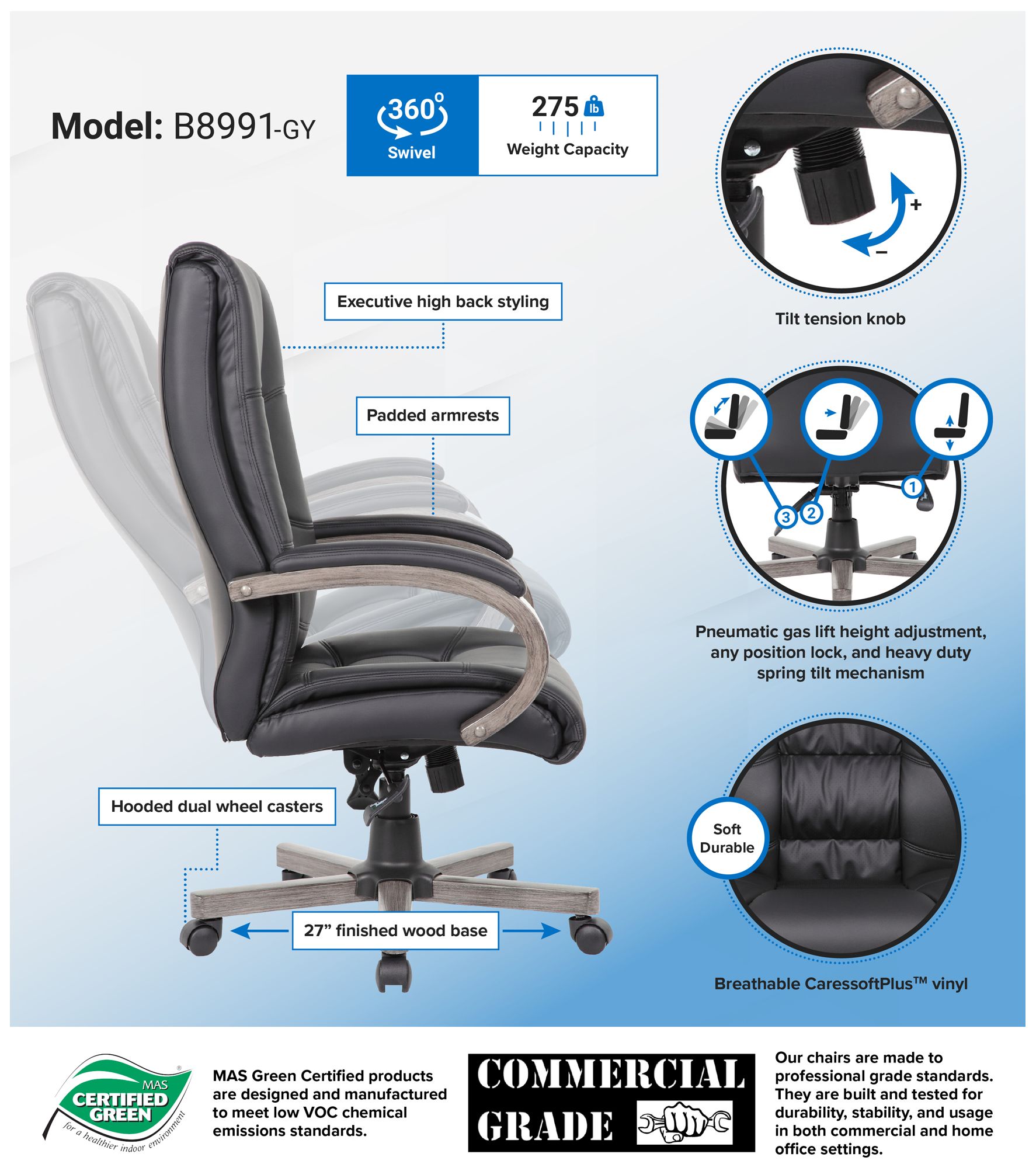 Image 7 Boss Black Vinyl Gray Wood Finish High Back Executive Chair more views