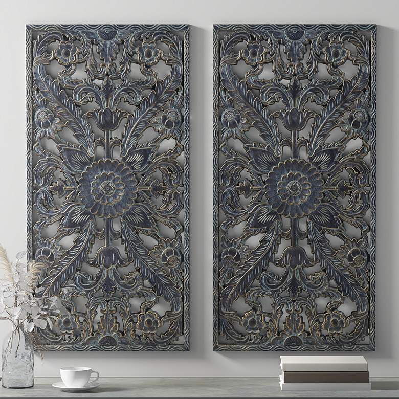Image 1 Botanical Panel 31 1/2" High Antique Blue Wall Art Set of 2