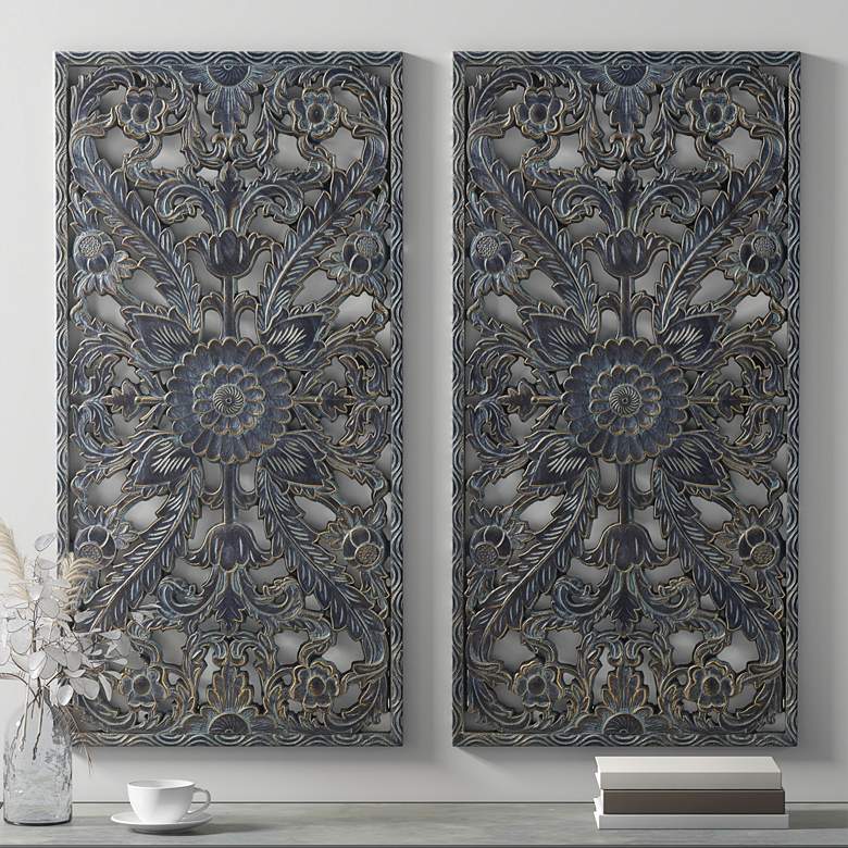 Image 1 Botanical Panel 31 1/2 inch High Antique Blue Wall Art Set of 2