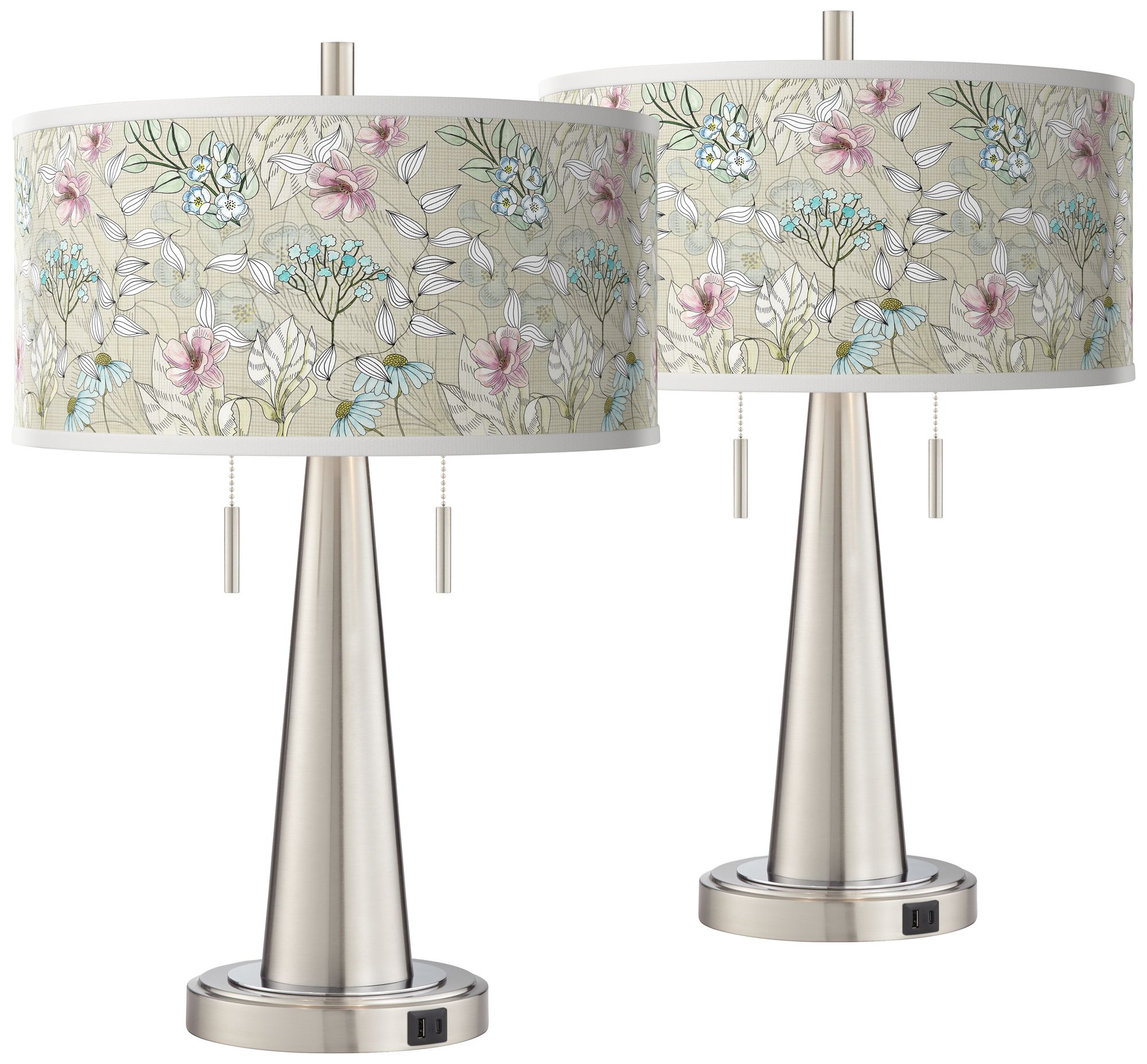 Image 2 Botanical Vicki Brushed Nickel USB Table Lamps Set of 2