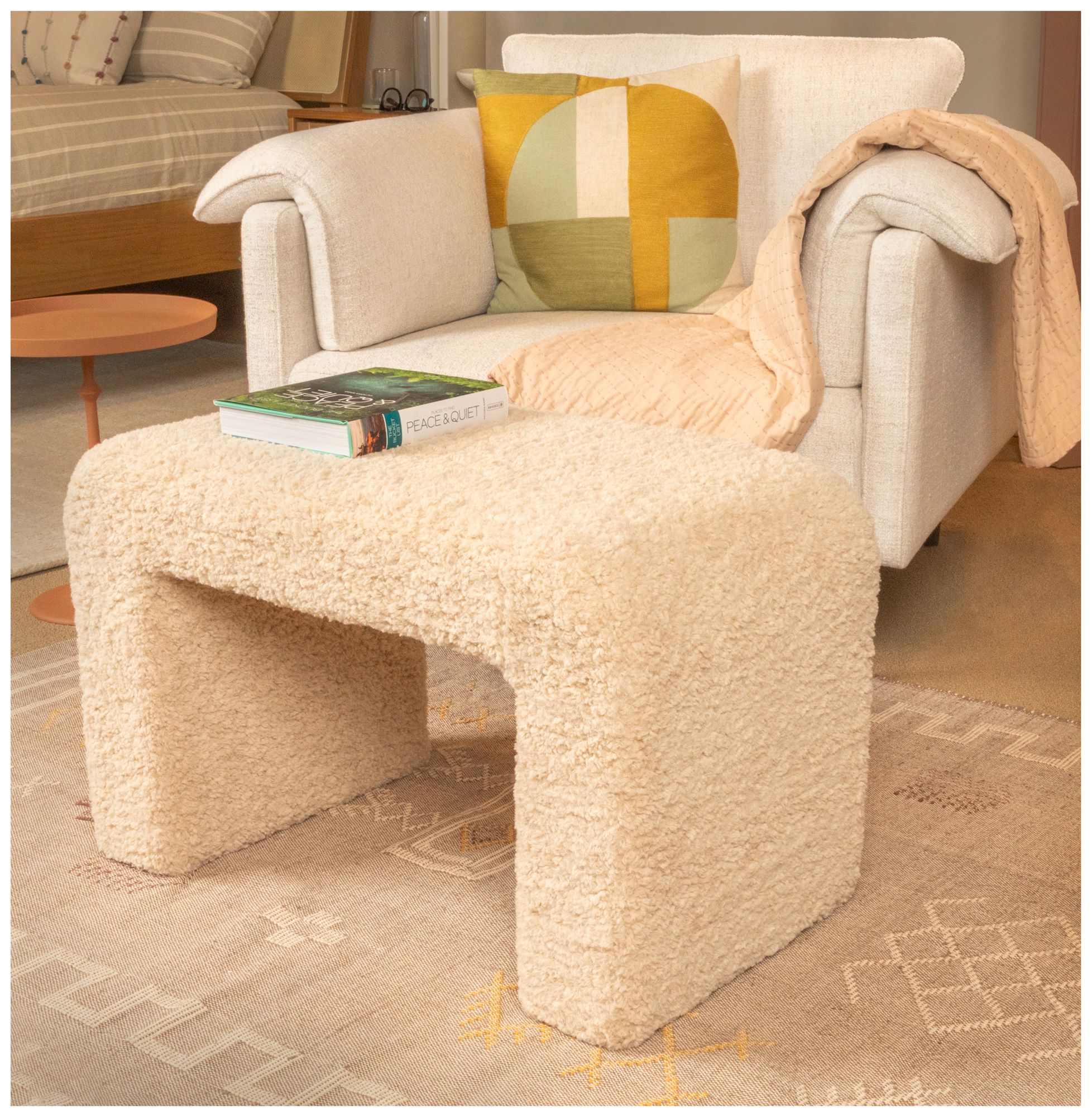 Image 2 Boucle Fabric Upholstered Waterfall Bench, Ivory more views