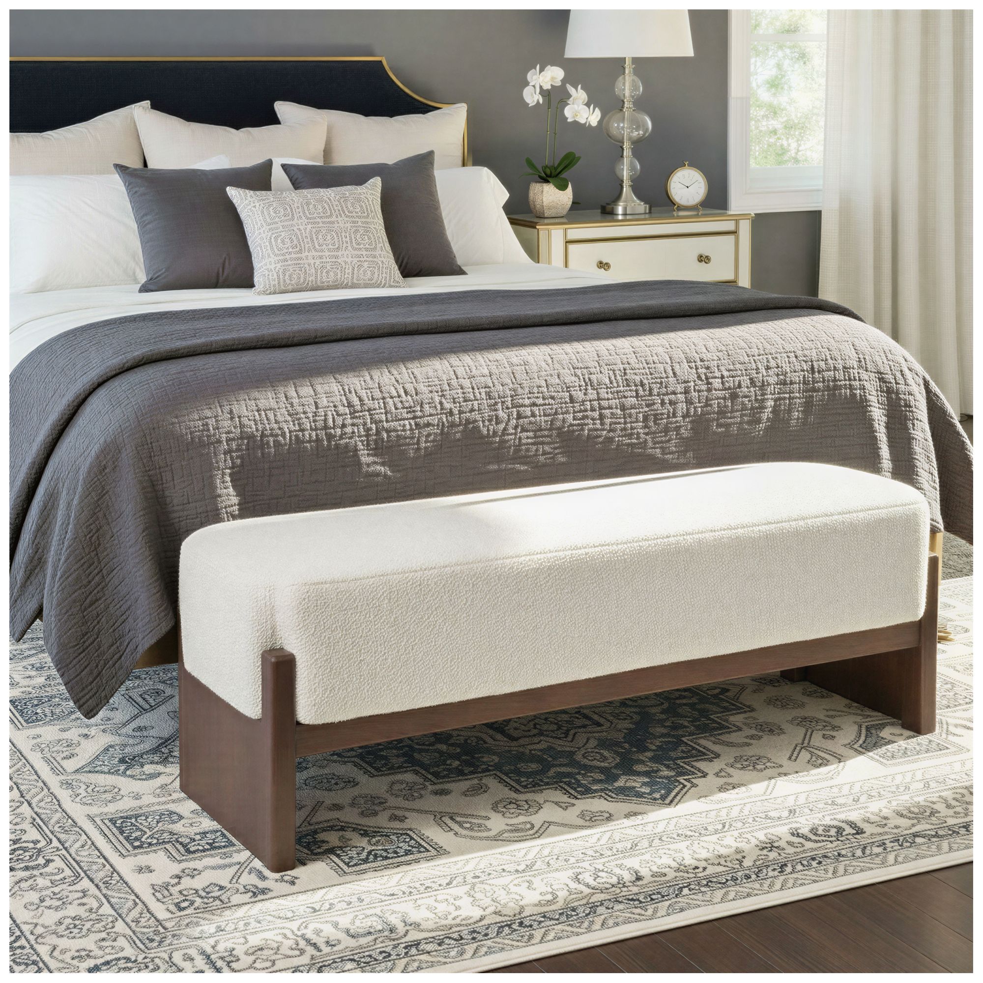 Image 2 Boucle Upholstered Wood Bench with Recessed Cushion and Slat-style Legs more views