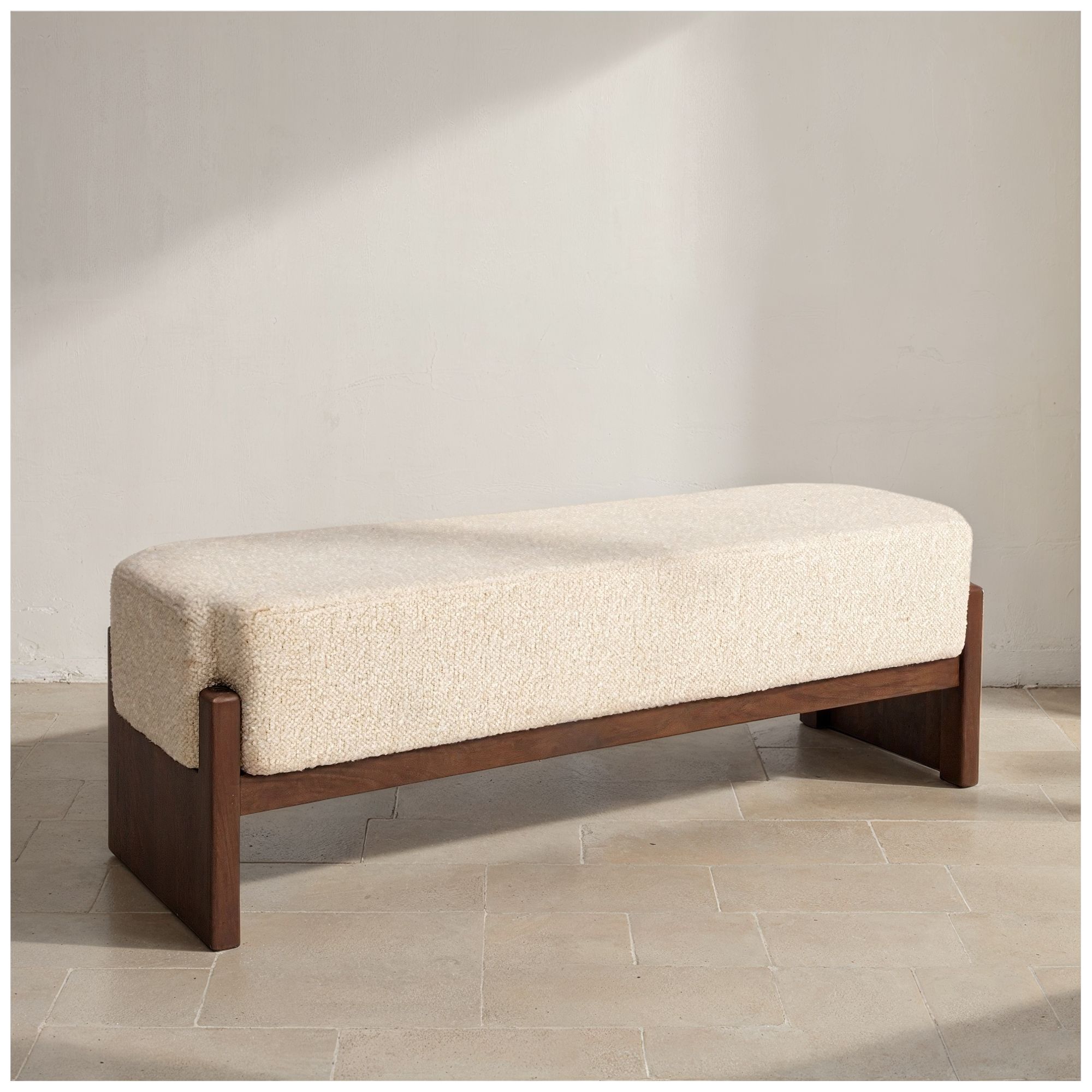 Image 3 Boucle Upholstered Wood Bench with Recessed Cushion and Slat-style Legs more views