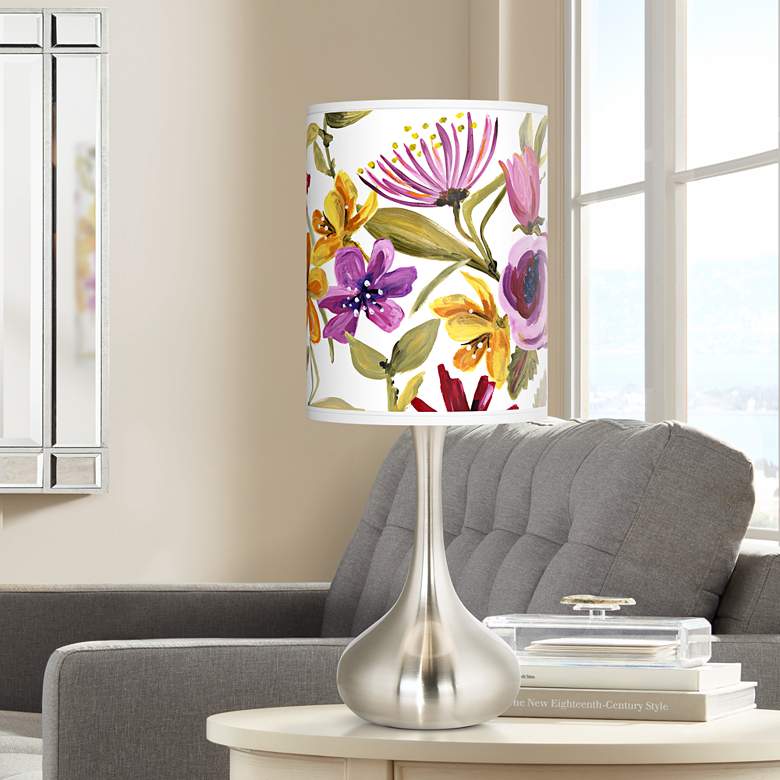 Image 1 Bountiful Blooms Pattern Designer Shade with Modern Nickel Droplet Lamp
