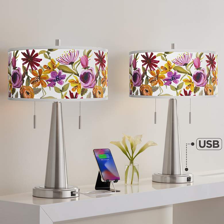 Image 1 Bountiful Blooms Vicki Nickel USB Table Lamps Set of 2