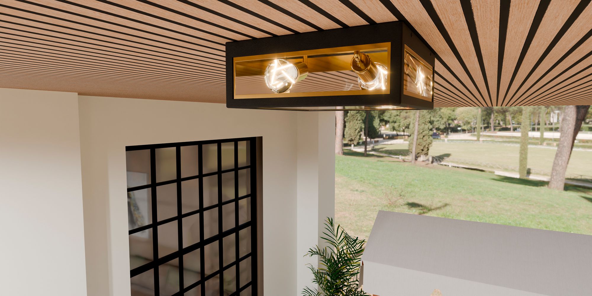 Bourbon 12" Wide Matte Black and Gold Outdoor Ceiling Light in scene