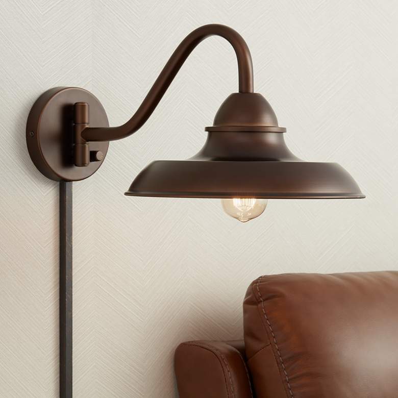 Image 1 Bowdon Bronze Indoor Plug-In Swing Arm Sconce with Edison Bulb