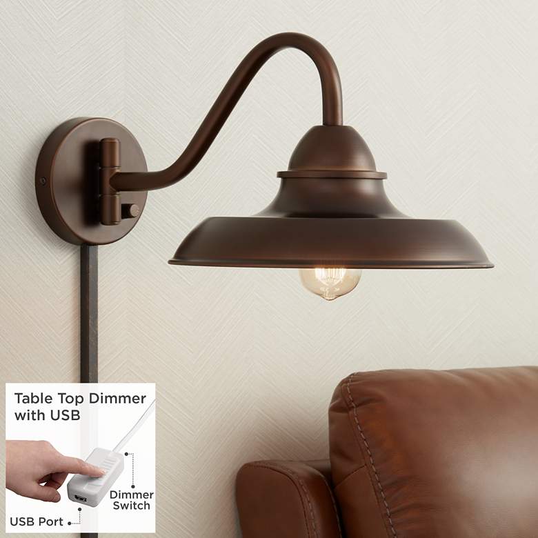 Image 1 Bowdon Bronze Plug-In Swing Arm Sconce with Edison Bulb and USB Dimmer