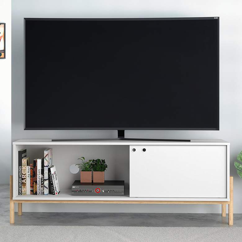 Image 1 Bowery 55 1/4" Wide Matte White and Oak 2-Shelf TV Stand