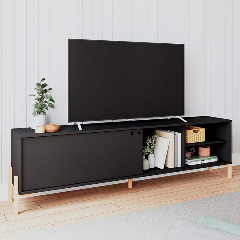Image 1 Bowery 72 3/4" Wide Matte Black and Oak 4-Shelf TV Stand
