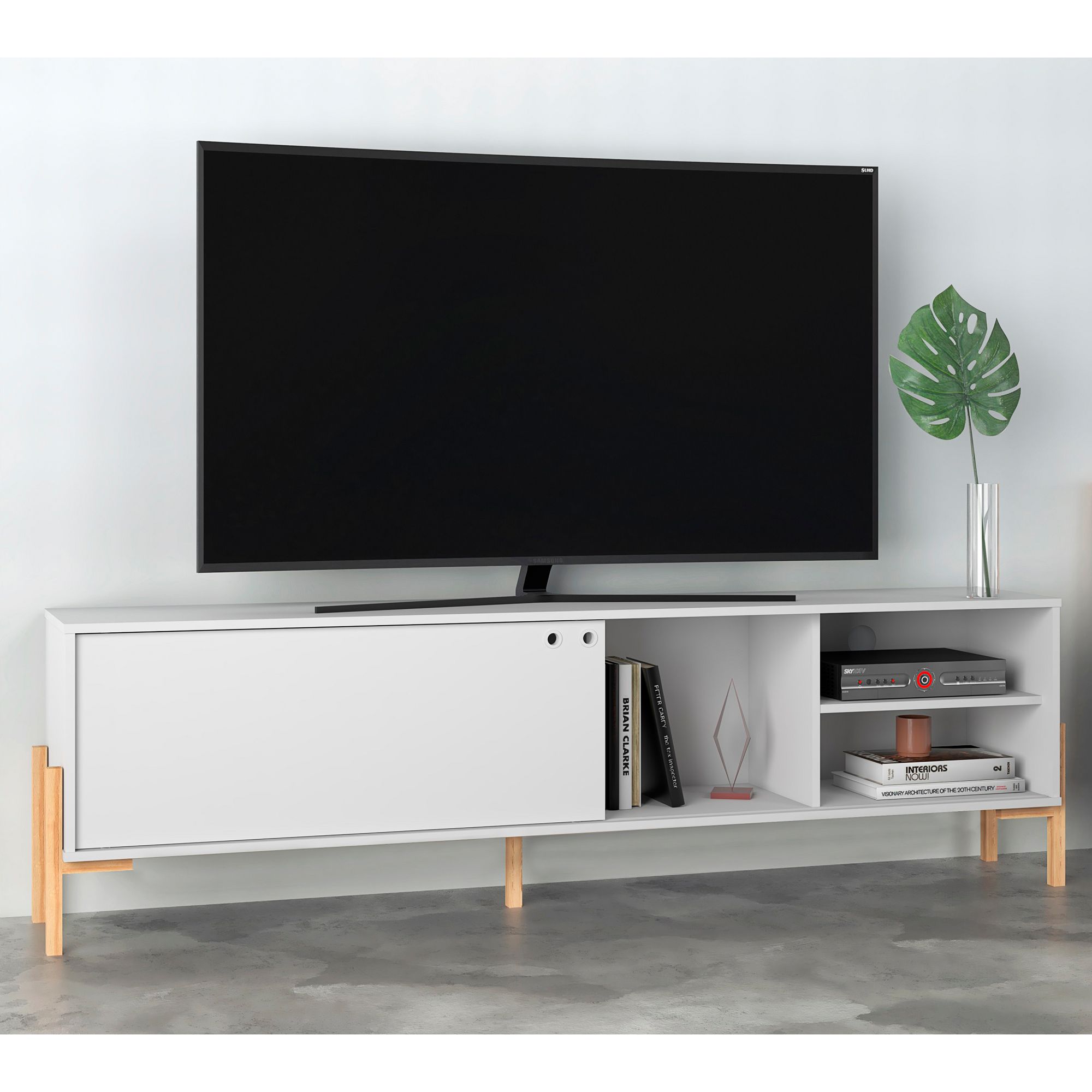 Bowery 72 3/4" Wide Matte White and Oak 4Shelf TV Stand 86C35