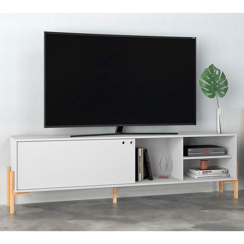 Image 1 Bowery 72 3/4 inch Wide Matte White and Oak 4-Shelf TV Stand
