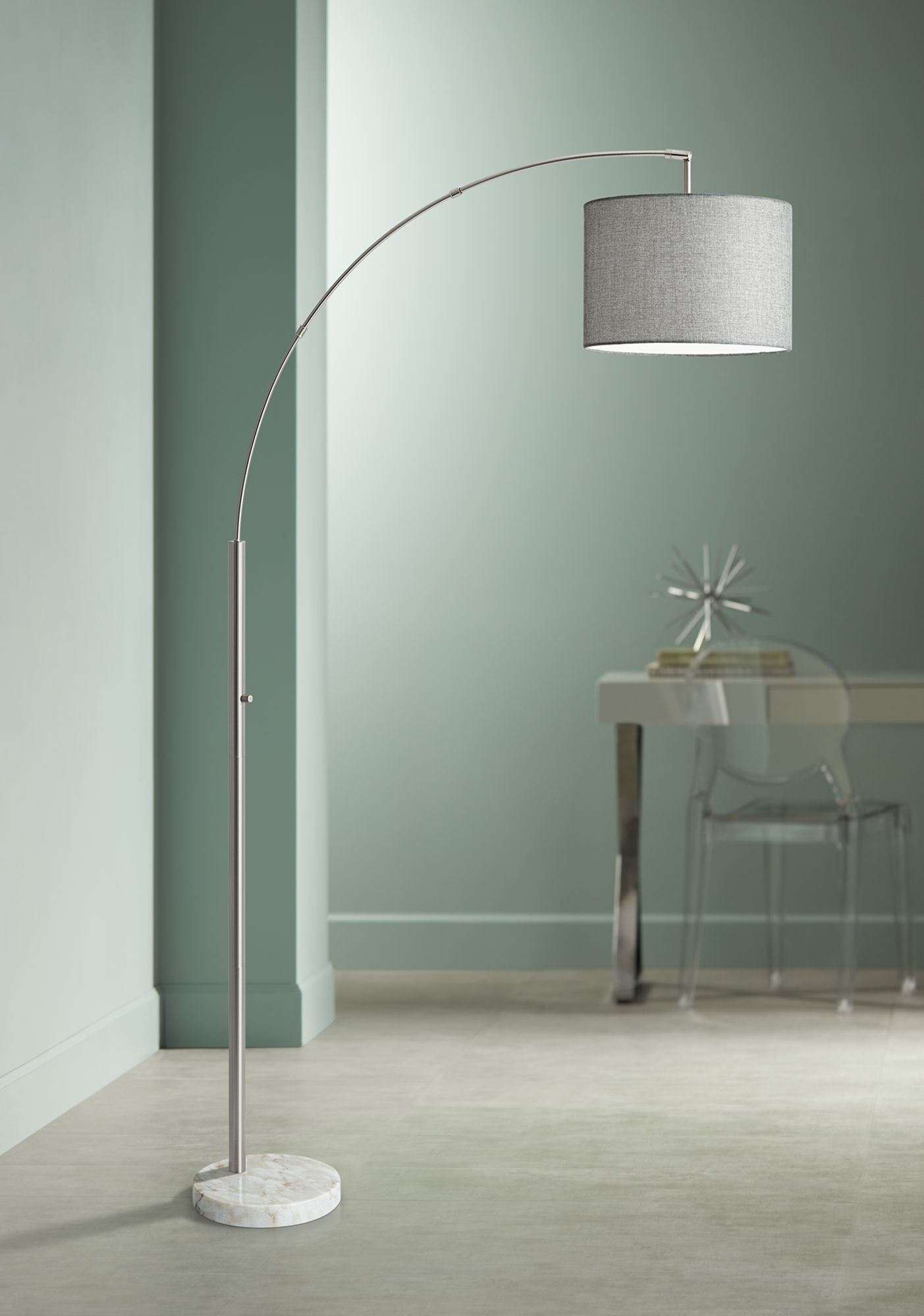 brushed steel arc floor lamp