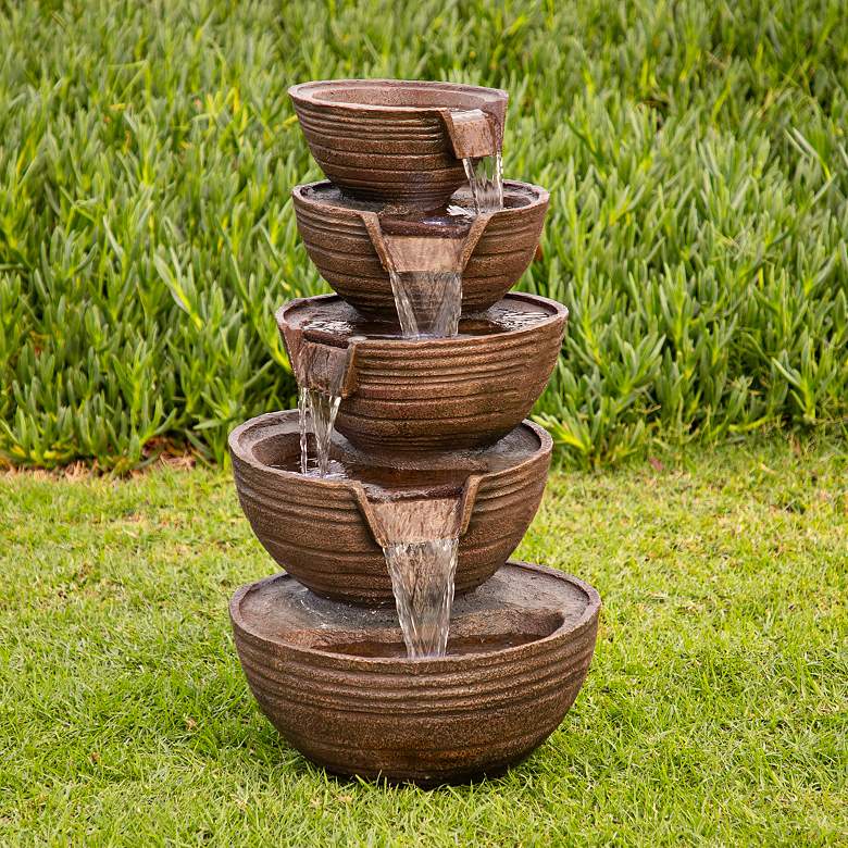Bowls 34&quot; High 5-Tier Indoor-Outdoor LED Waterfall Fountain