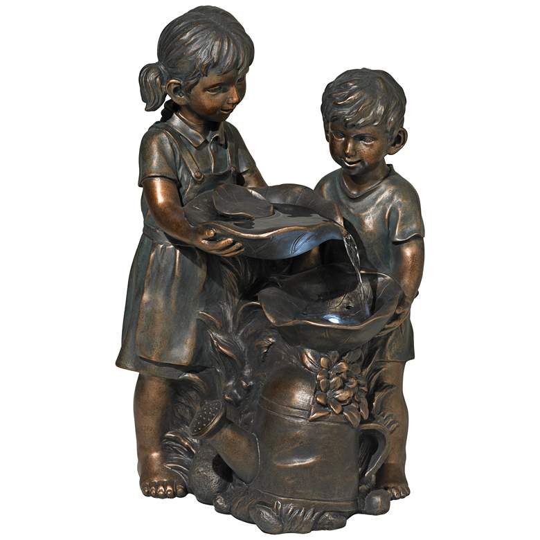 Image 2 Boy and Girl Indoor-Outdoor Bronze 23" High Fountain