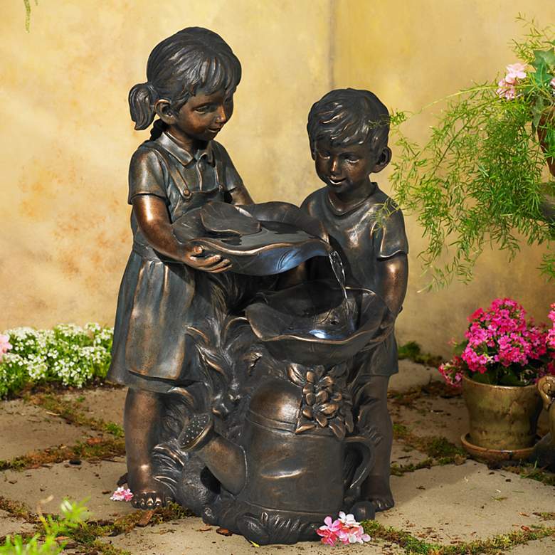 Image 1 Boy and Girl Indoor-Outdoor Bronze 23 inch High Fountain
