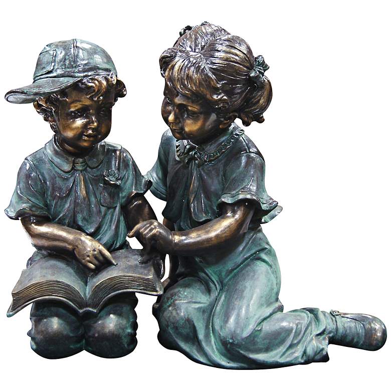 Image 1 Boy and Girl Reading 19 inch High Bronze Finish Outdoor Statue