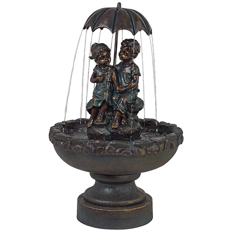 Image 3 Boy and Girl Under Umbrella 40 inch High Bronze Indoor - Outdoor Fountain