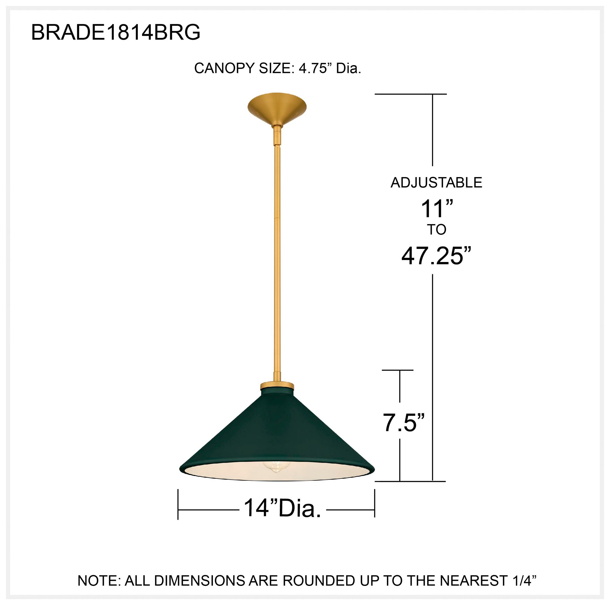 Bradbury 1-Light Brushed Gold Pendant Light with Dark Green Shade
