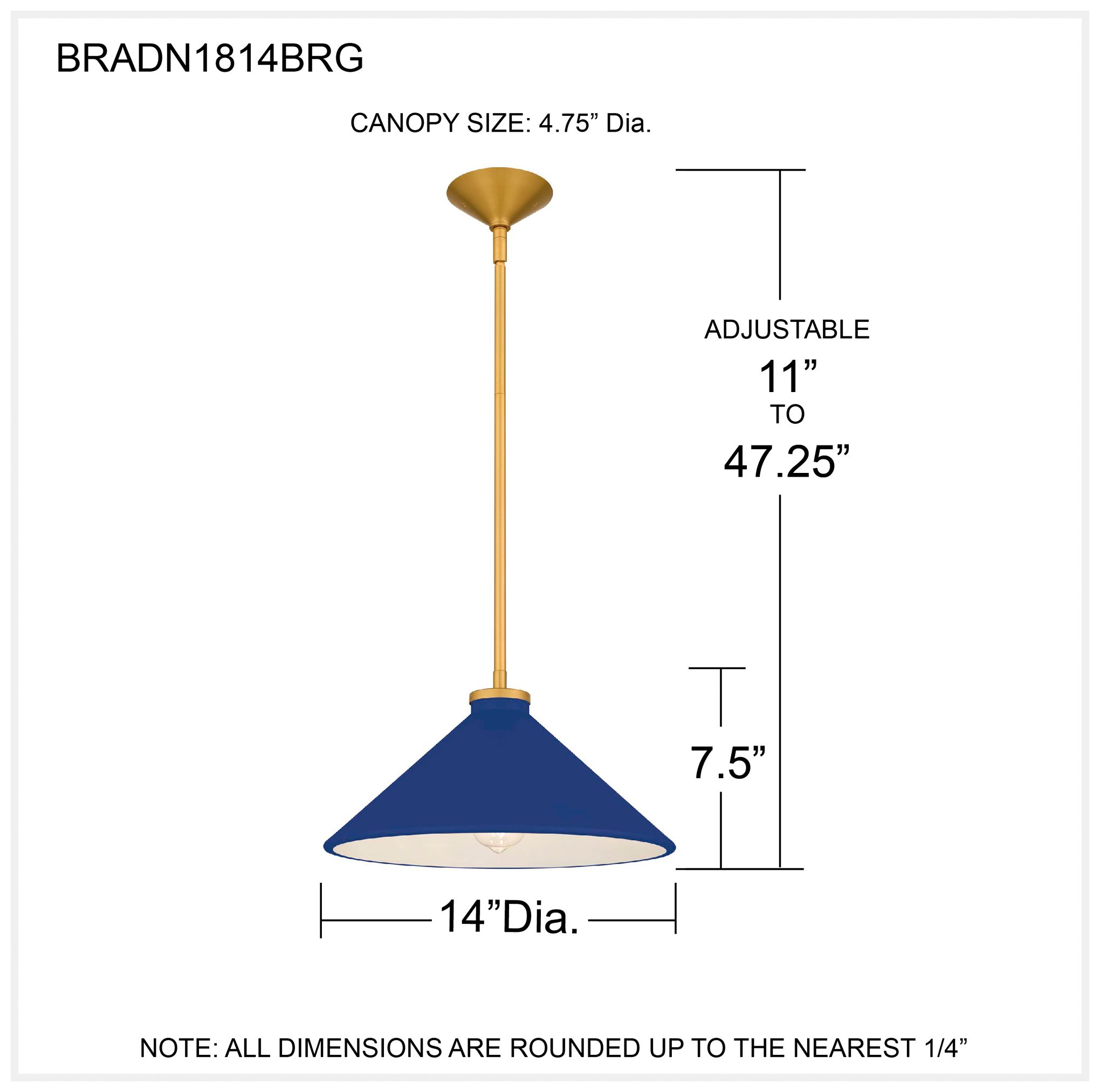 Bradbury 1-Light Brushed Gold Pendant Light with Navy Blue Shade
