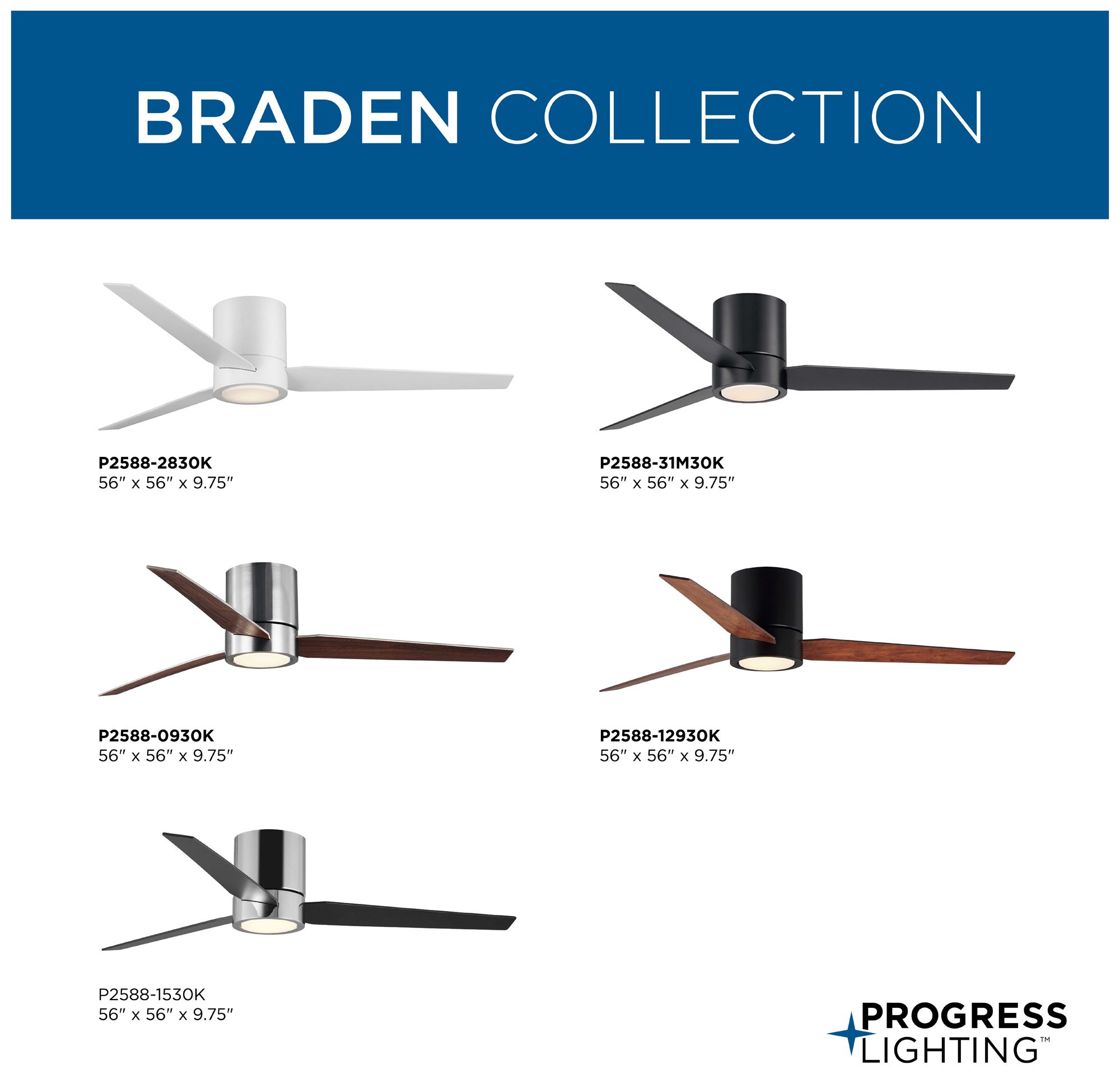Braden Collection 56" Three-Blade Indoor Hugger Ceiling Fan