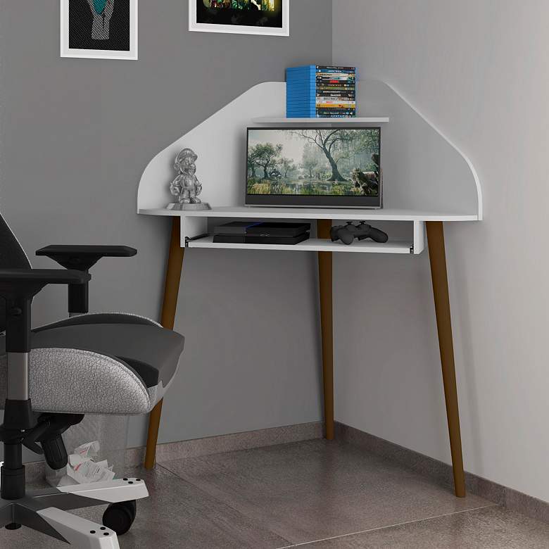 Image 1 Bradley 44 inch Wide Gloss White Corner Desk with Keyboard Shelf