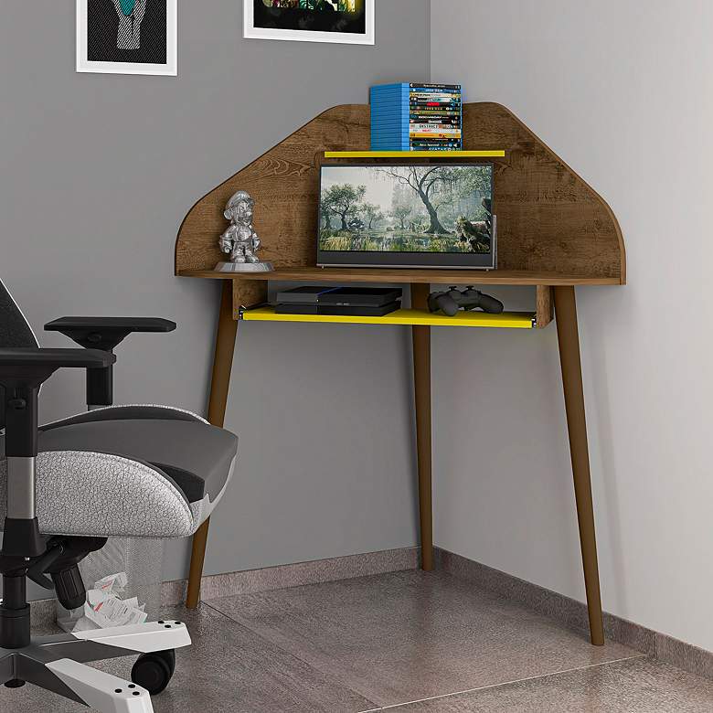 Image 1 Bradley 44 inchW Brown and Yellow Corner Desk w/ Keyboard Shelf