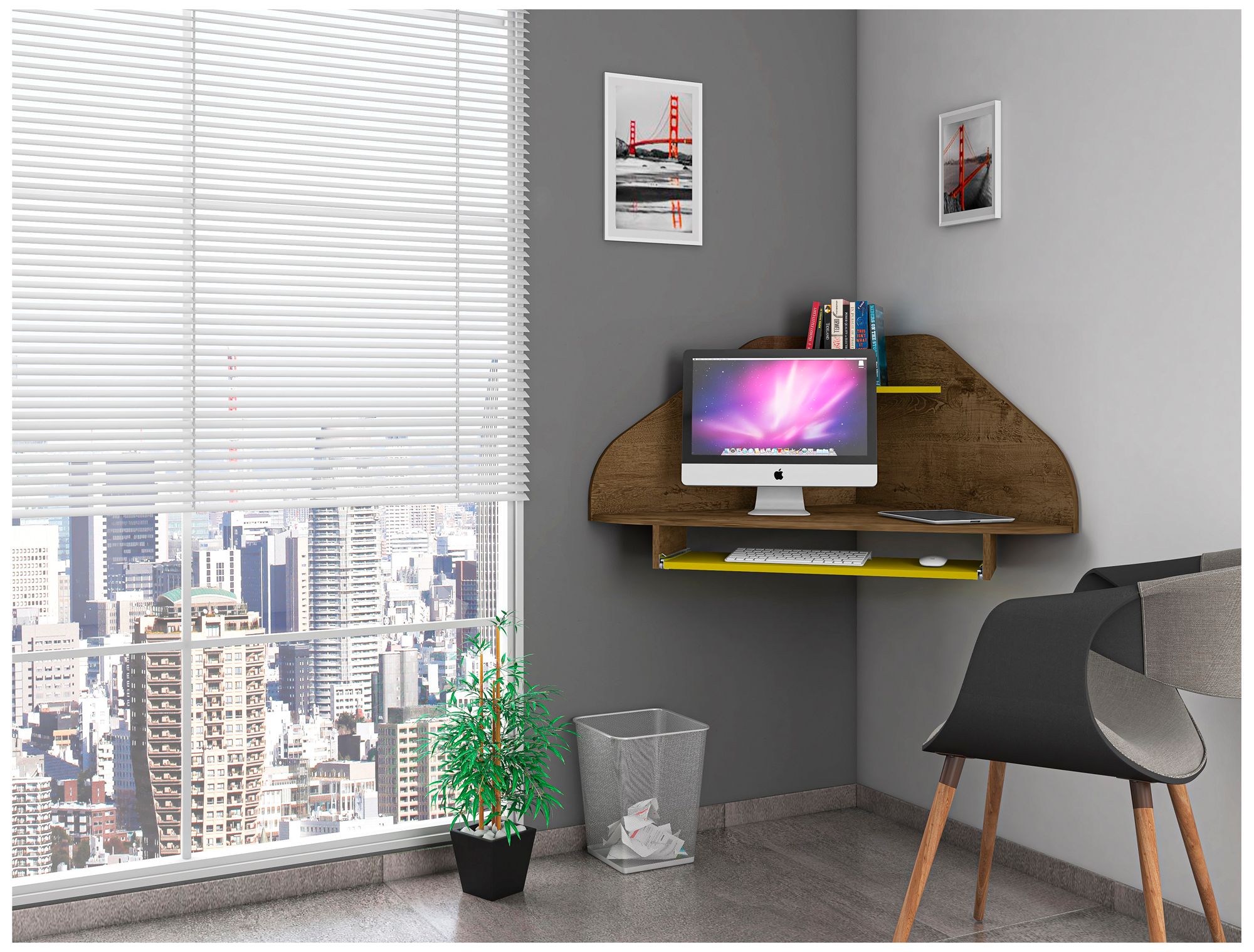 Bradley 44"W Brown and Yellow Corner Desk w/ Keyboard Shelf