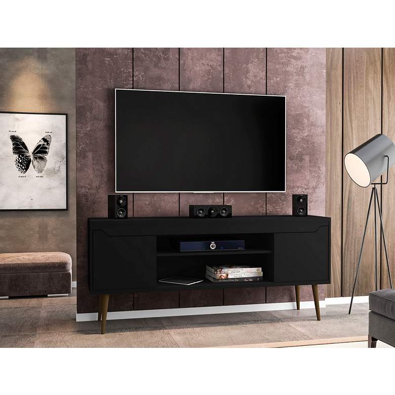 Image 1 Bradley 63" Wide Matte Black TV Stand with 2 Storage Shelves