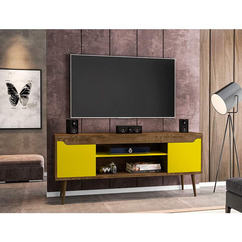 Image 1 Bradley 63"W Brown and Yellow TV Stand w/ 2 Storage Shelves
