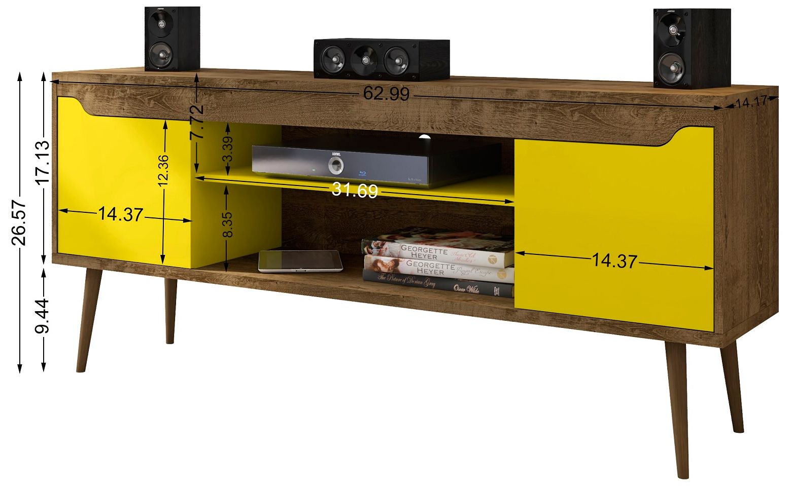 Bradley 63"W Brown and Yellow TV Stand w/ 2 Storage Shelves