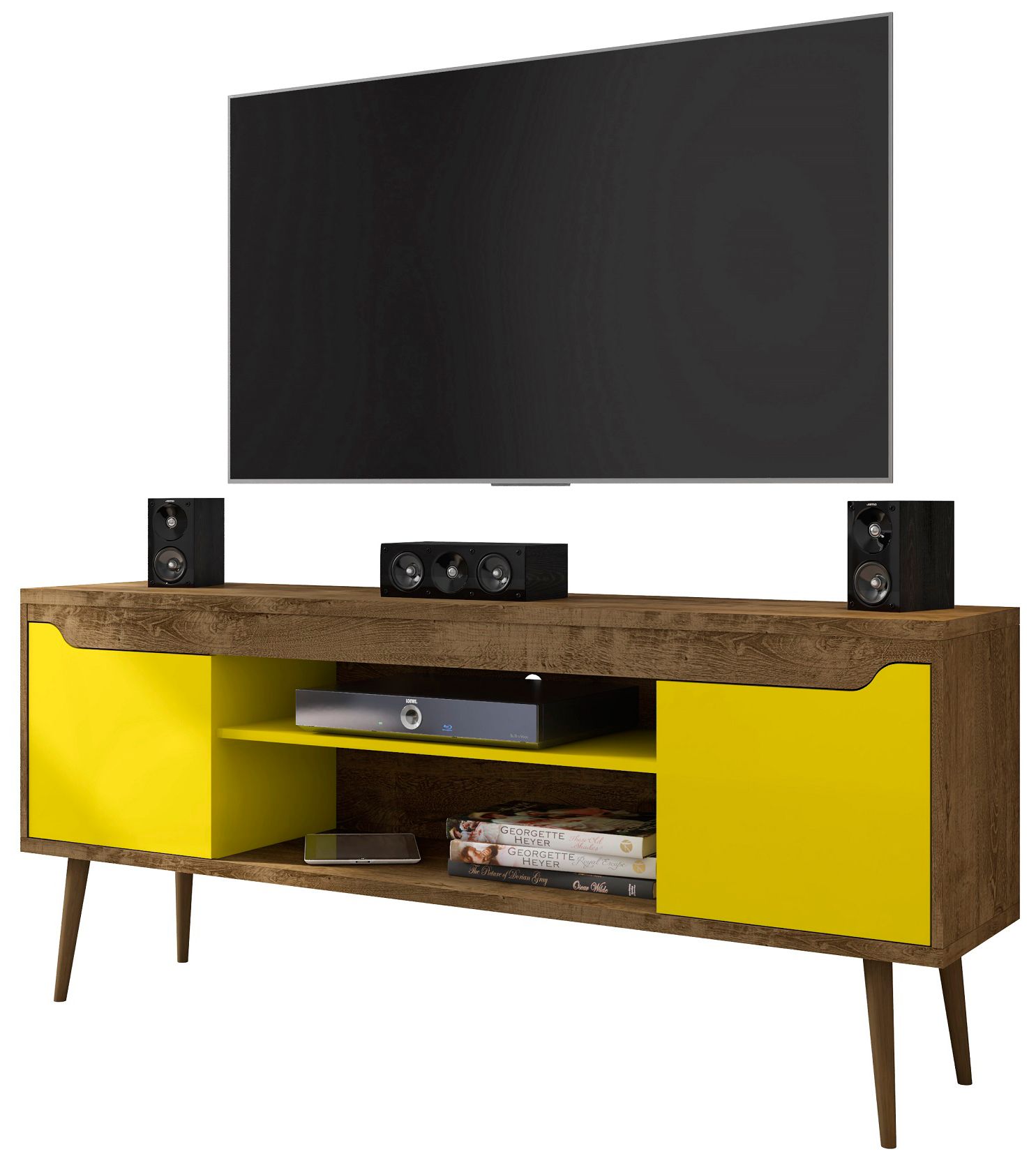 Bradley 63"W Brown and Yellow TV Stand w/ 2 Storage Shelves