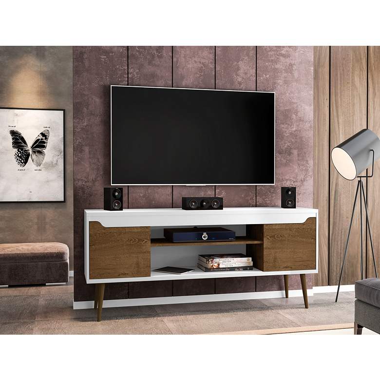 Image 1 Bradley 63 inchW White and Brown TV Stand with 2 Storage Shelves