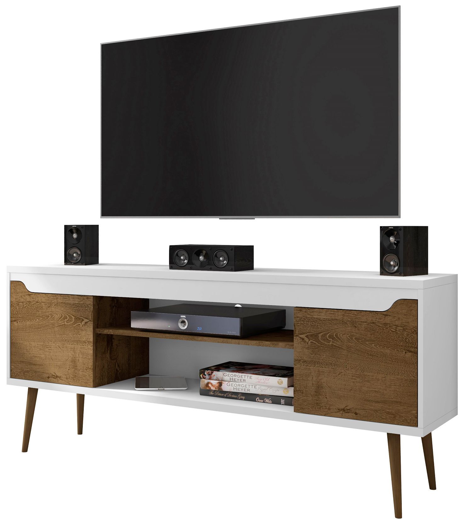 Bradley 63"W White and Brown TV Stand with 2 Storage Shelves