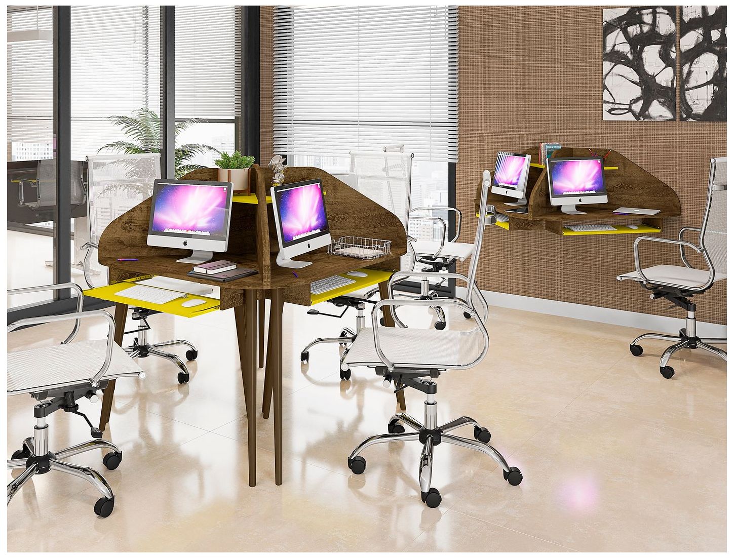 Image 2 Bradley Floating 2-pc Cubicle Desk with Keyboard Shelf in Brown and Yellow more views