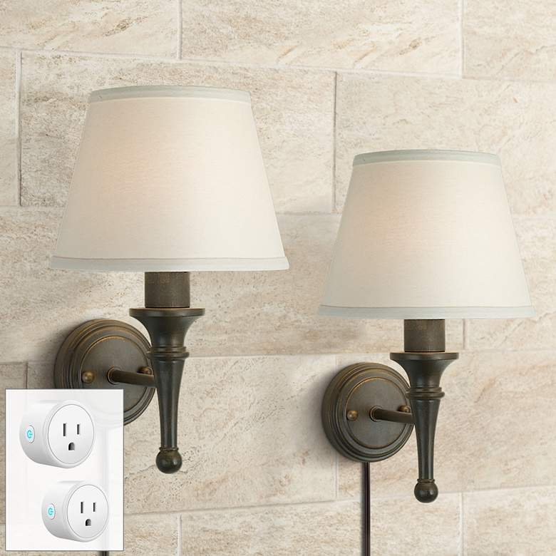 Image 1 Braidy Bronze Plug-In Wall Sconces Set of 2 w/ Smart Socket