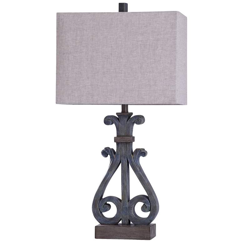 Image 1 Brampton Open Scroll Design Table Lamp - Distressed Blue - Oatmeal Shade