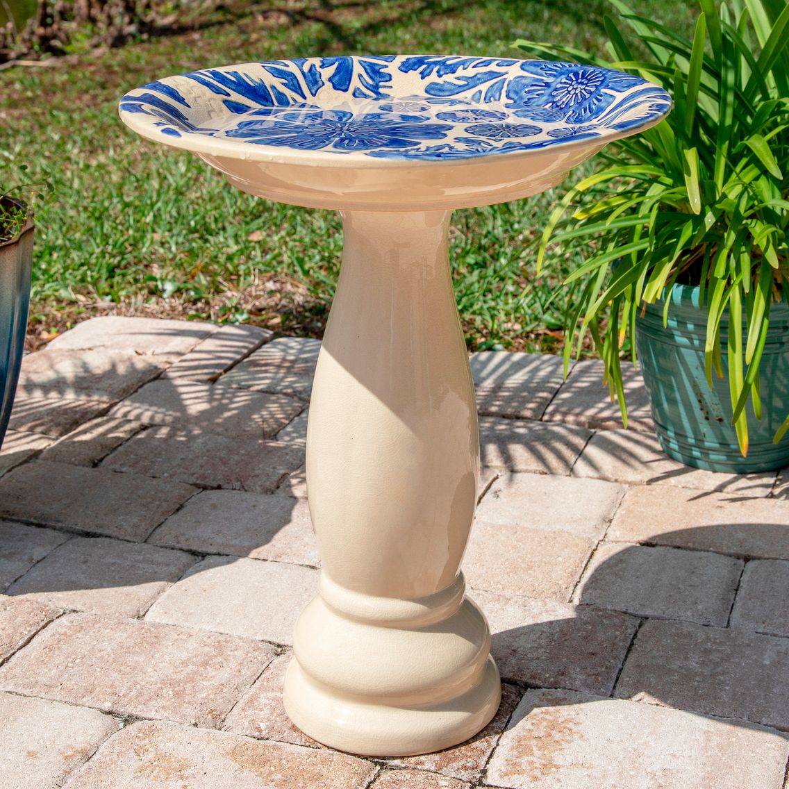 Brandy 22" High Blue Glaze Flower and Vine Ceramic Bird Bath - #78F13 ...