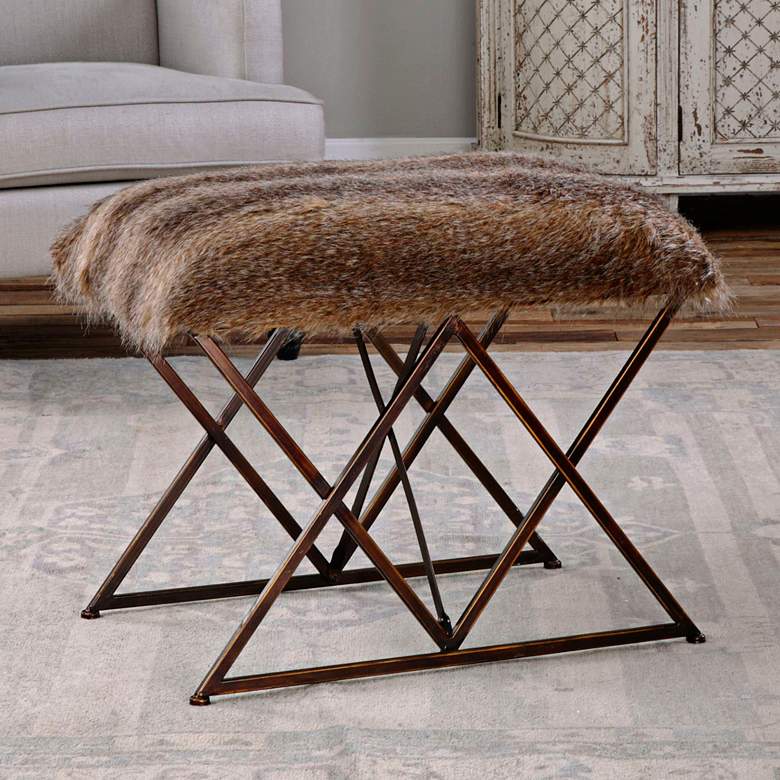 Image 1 Brannen 23 3/4 inch Wide Brown Faux Fur Small Argyle Iron Bench