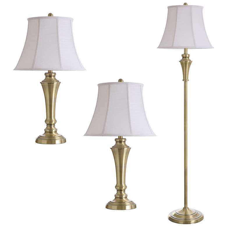 Image 1 Brass 3-Piece Floor &amp; Table Lamp Set With Geneva White Fabric Shad