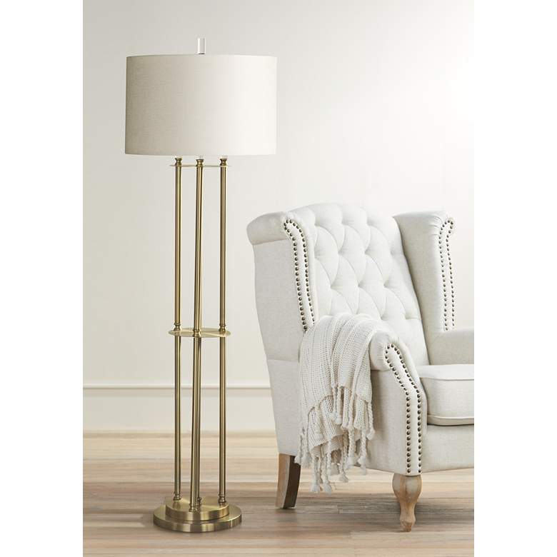 Image 1 Brass Column Floor Lamp with Taupe Fabric Shade