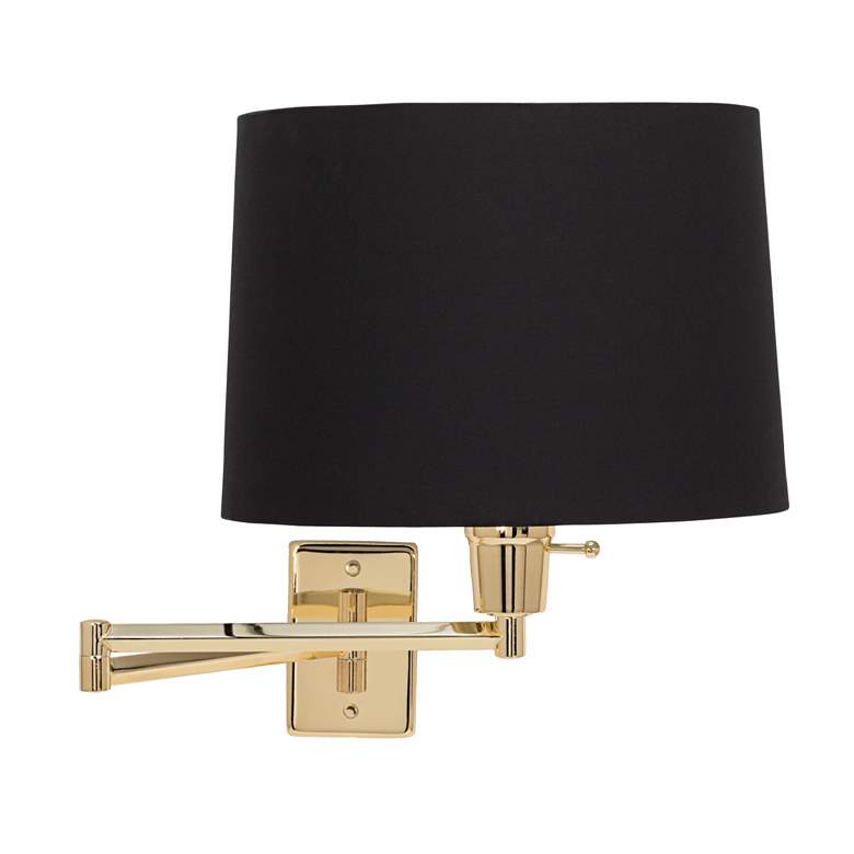Image 1 Brass with Black Drum Shade Plug-In Swing Arm Wall Lamp
