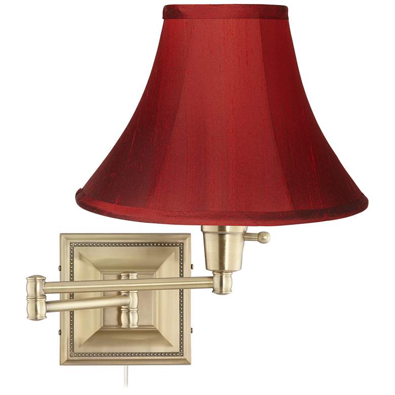 Image 1 Brass with Red Dupioni Silk Shade Plug-In Swing Arm Wall Lamp